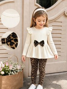 Girls' Beige Vertical Striped Long Sleeve Top With Leopard Print Pants Ruffle Flutter Sleeves Bow Contrast Color Simple Fabric Autumn Birthday - Multicolor - View 1