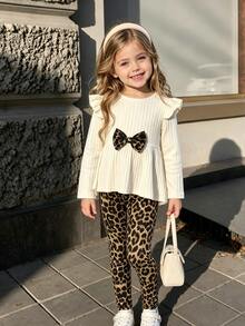 Girls' Beige Vertical Striped Long Sleeve Top With Leopard Print Pants Ruffle Flutter Sleeves Bow Contrast Color Simple Fabric Autumn Birthday - Multicolor - View 9