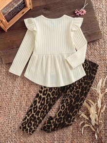 Girls' Beige Vertical Striped Long Sleeve Top With Leopard Print Pants Ruffle Flutter Sleeves Bow Contrast Color Simple Fabric Autumn Birthday - Multicolor - View 2
