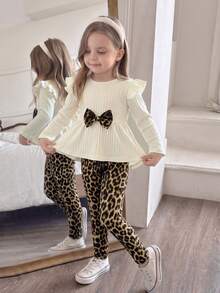 Girls' Beige Vertical Striped Long Sleeve Top With Leopard Print Pants Ruffle Flutter Sleeves Bow Contrast Color Simple Fabric Autumn Birthday - Multicolor - View 4