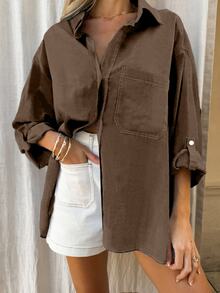 EMERY ROSE Women's Casual Solid Color Drop Shoulder Loose Blouse - Coffee Brown - View 4