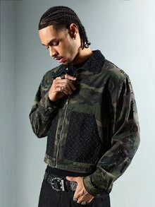 ROMWE MEN Men's Camouflage Pattern Long Sleeve Zipper Front Denim Jacket - Army Green - View 3