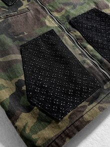 ROMWE MEN Men's Camouflage Pattern Long Sleeve Zipper Front Denim Jacket - Army Green - View 6
