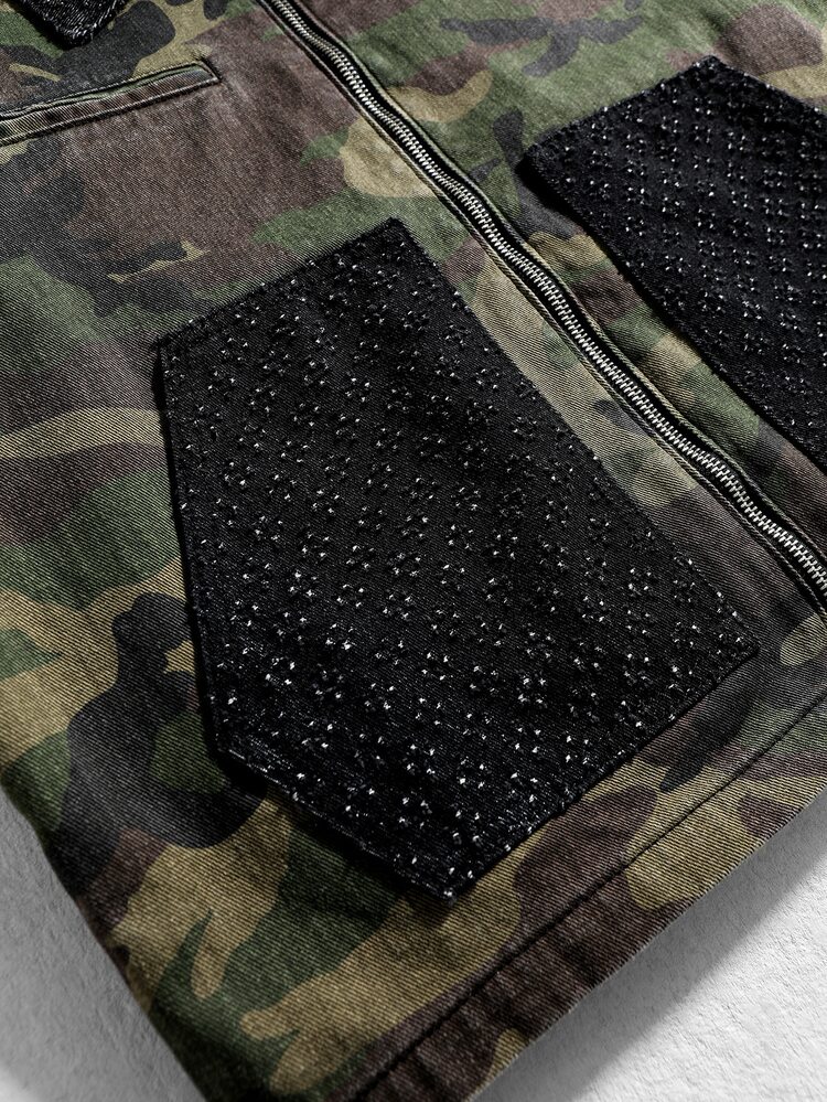 ROMWE MEN Chaqueta vaquera de manga larga con cremallera delantera y estampado de camuflaje para hombre - Verde militar - Añade 6