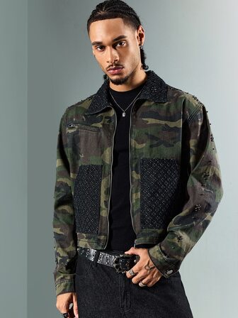 Men's Camouflage Pattern Long Sleeve Zipper Front Denim Jacket