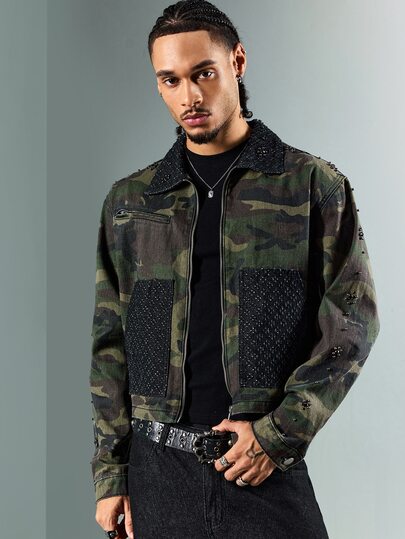 Men's Camouflage Pattern Long Sleeve Zipper Front Denim Jacket