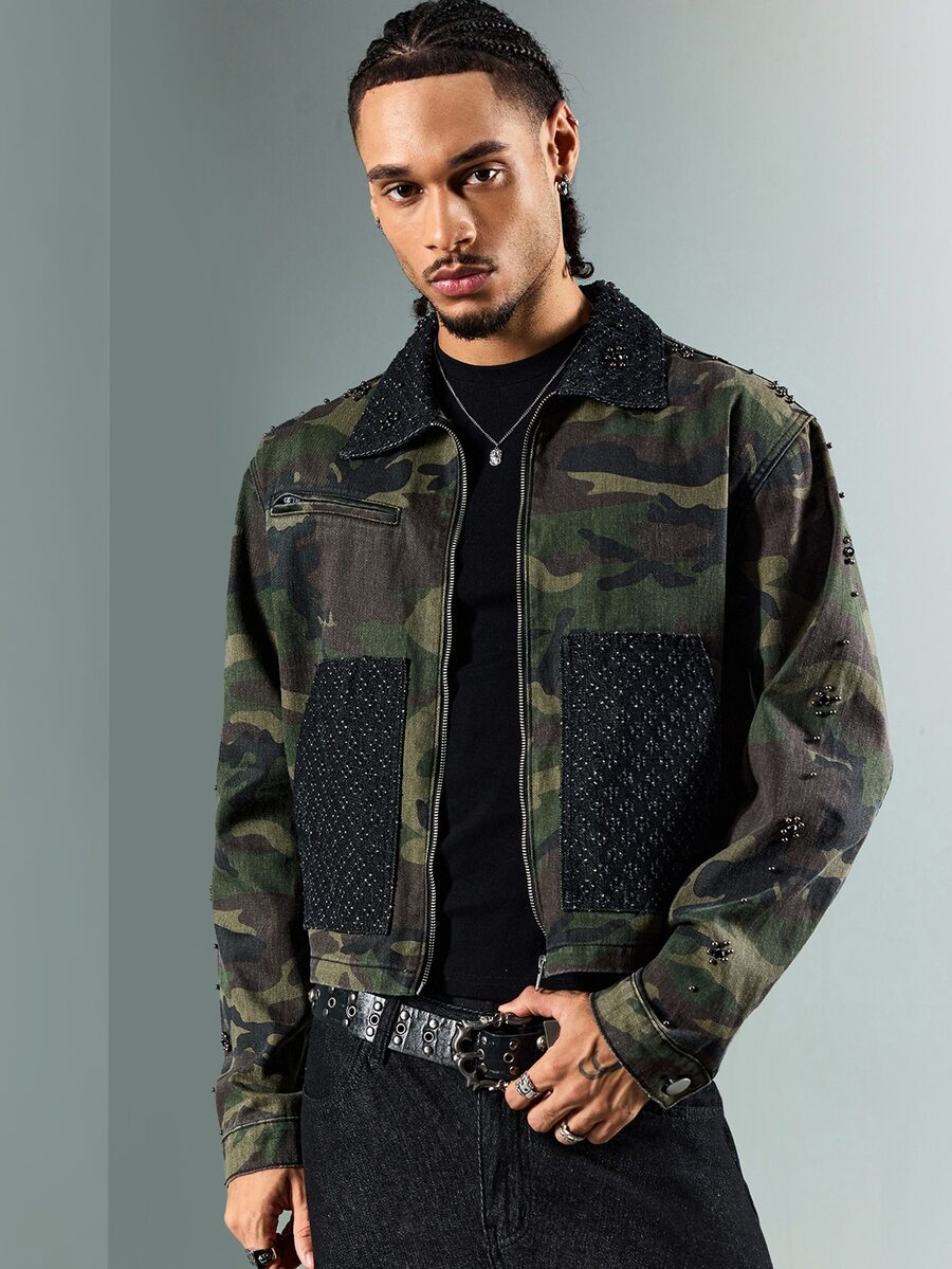 ROMWE MEN Men's Camouflage Pattern Long Sleeve Zipper Front Denim Jacket - Army Green - View 1