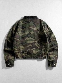 ROMWE MEN Men's Camouflage Pattern Long Sleeve Zipper Front Denim Jacket - Army Green - View 4