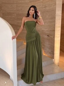 Aloruh 優雅浪漫時尚彈性網布抓皺裝飾大廓形裙擺 紫色正式晚禮服 派對婚禮賓客禮服 - 軍綠色 - 查看 6