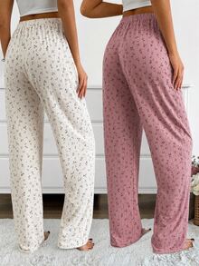 SHEIN Women's 2 Packs Ditsy Floral Rib Knit Elastic Waist Casual Sleep Pants - Pink - View 2