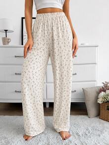 SHEIN Women's 2 Packs Ditsy Floral Rib Knit Elastic Waist Casual Sleep Pants - Pink - View 5