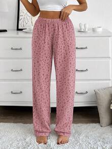 SHEIN Women's 2 Packs Ditsy Floral Rib Knit Elastic Waist Casual Sleep Pants - Pink - View 3