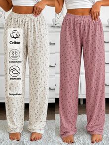 SHEIN Women's 2 Packs Ditsy Floral Rib Knit Elastic Waist Casual Sleep Pants - Pink - View 1