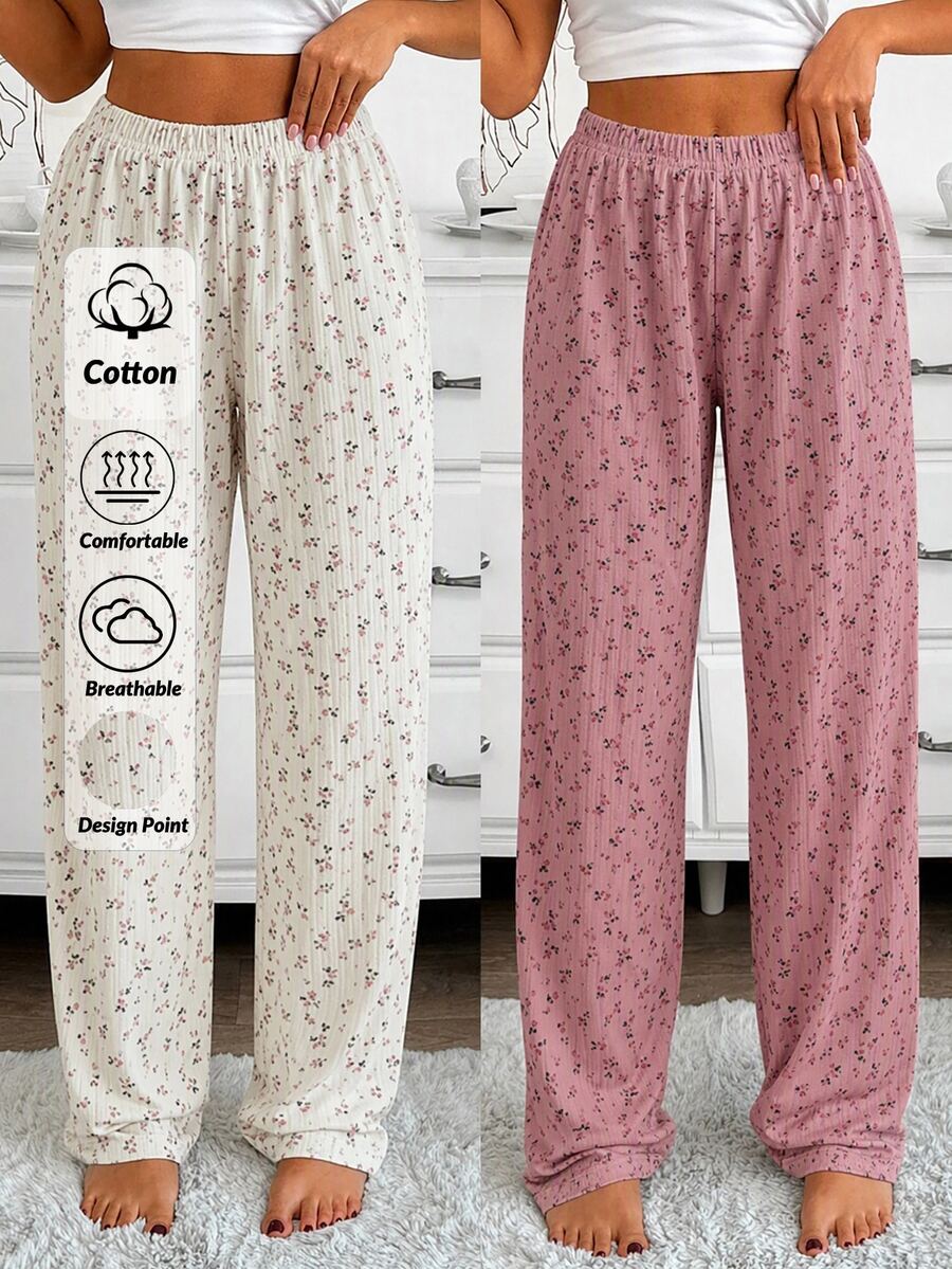 SHEIN Women's 2 Packs Ditsy Floral Rib Knit Elastic Waist Casual Sleep Pants - Pink - View 1