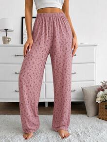 SHEIN Women's 2 Packs Ditsy Floral Rib Knit Elastic Waist Casual Sleep Pants - Pink - View 4