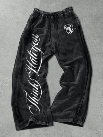 Pantalones de chándal holgados lavados con estampado de caligrafía para hombre