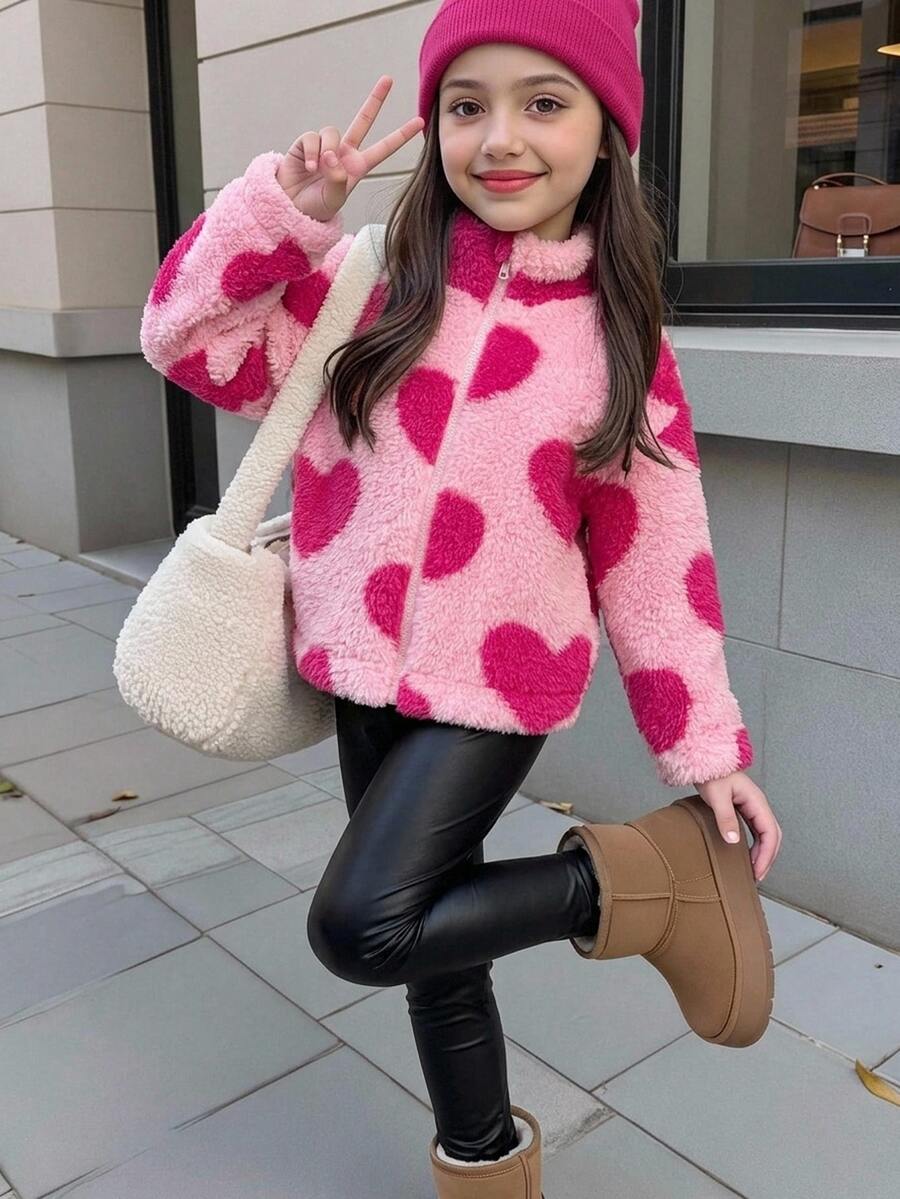 SHEIN Kids Young Girl Heart Pattern Zipper Front Plush Autumn Jacket And Pants Casual Set - Multicolor - View 1