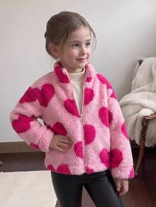 SHEIN Kids Young Girl Heart Pattern Zipper Front Plush Autumn Jacket And Pants Casual Set - Multicolor - View 2