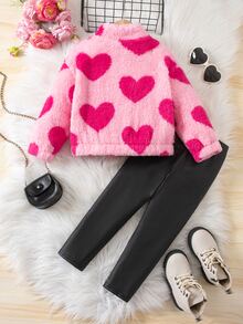 SHEIN Kids Young Girl Heart Pattern Zipper Front Plush Autumn Jacket And Pants Casual Set - Multicolor - View 6