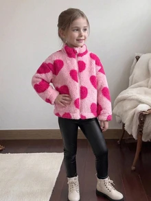 SHEIN Kids Young Girl Heart Pattern Zipper Front Plush Autumn Jacket And Pants Casual Set - Multicolor - View 3