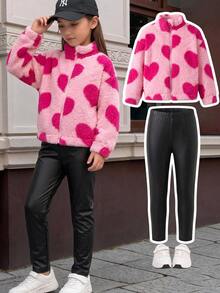 SHEIN Kids Young Girl Heart Pattern Zipper Front Plush Autumn Jacket And Pants Casual Set - Multicolor - View 4