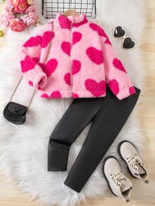 SHEIN Kids Young Girl Heart Pattern Zipper Front Plush Autumn Jacket And Pants Casual Set - Multicolor - View 5