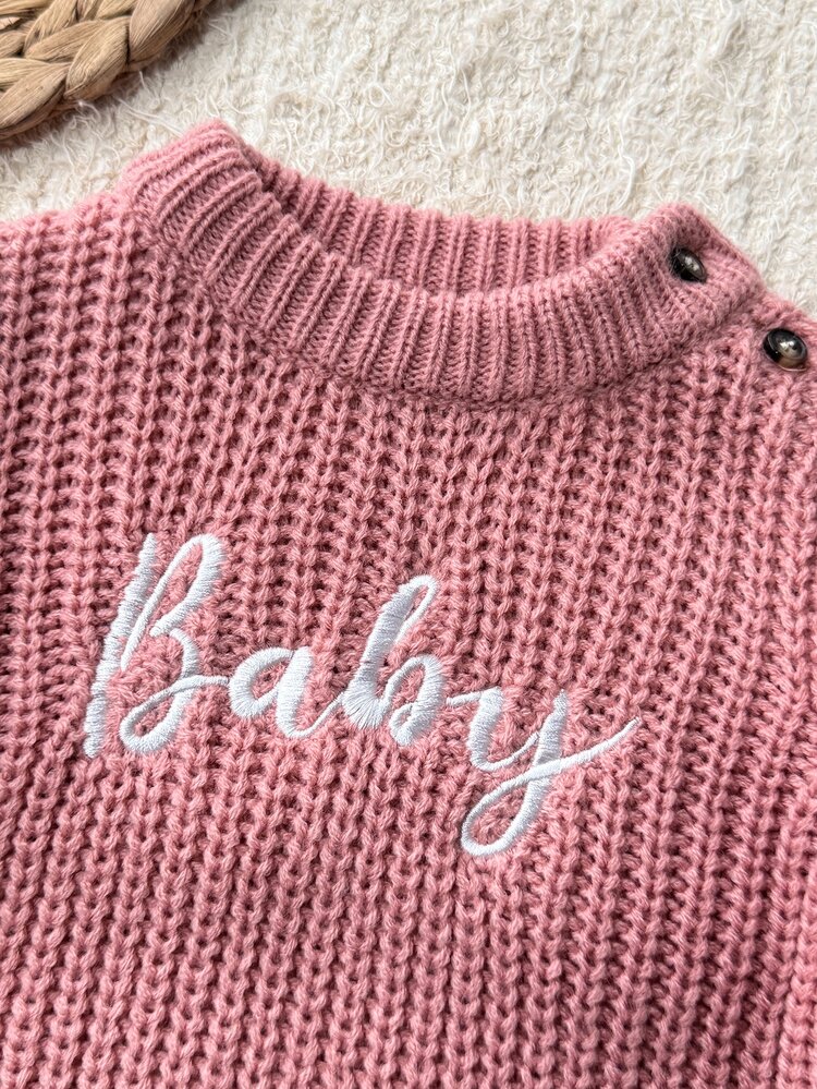 SHEIN Newborn Baby Letter Embroidered Autumn Winter Sweater, Leggings, Bow Decor Socks And Hat Knit Set - Pink - View 3