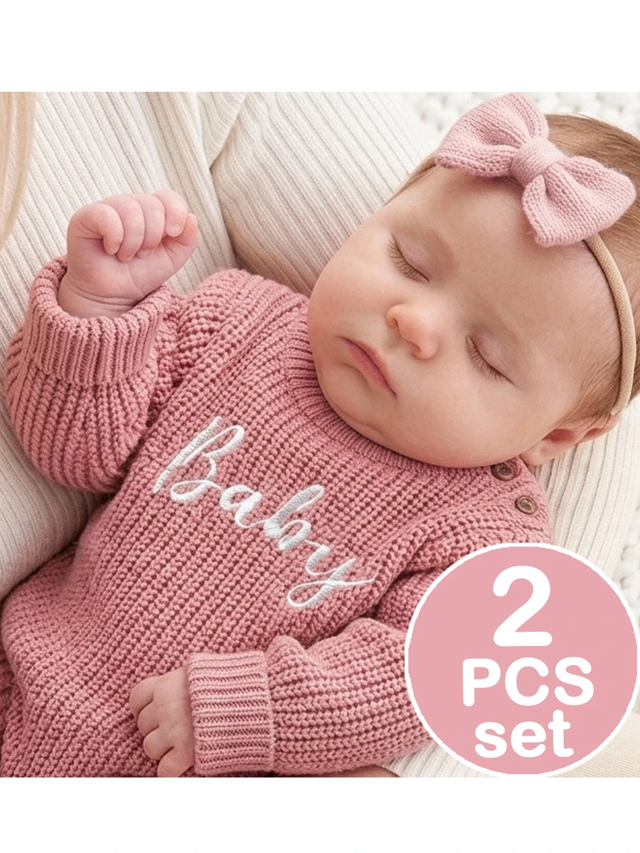 SHEIN Newborn Baby Letter Embroidered Autumn Winter Sweater, Leggings, Bow Decor Socks And Hat Knit Set - Pink - View 1