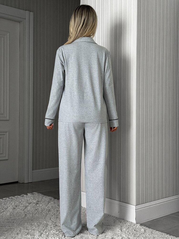 SHEIN Solid Color Contrast Piping Button Front Casual Pajama Set - Grey - View 2