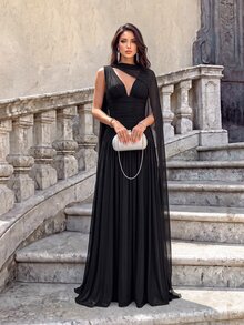Firerie 优雅酒红色亮面网纱V领褶皱超大A字裙（可拆卸吊带雪纺荷叶边），适合约会、单身派对、婚礼、正式场合、伴娘礼服 - 黑色 - 查看 7