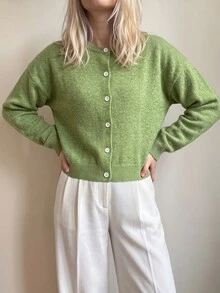 Sprig & Strand Jaket Kardigan Rajut Longgar Wanita Musim Gugur Model French Slouchy Lengan Panjang Kancing Tunggal - Hijau - View 4