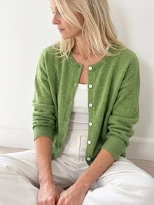 Sprig & Strand Jaket Kardigan Rajut Longgar Wanita Musim Gugur Model French Slouchy Lengan Panjang Kancing Tunggal - Hijau - View 5