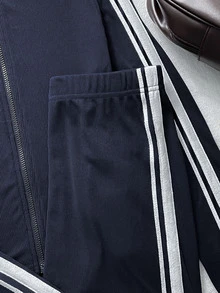 SHEIN Kids Tween Girls Navy Blue Patchwork Long Sleeve Jacket Straight Leg Pants Slim Fit Outfit Sports Set Training Wear Matching Sets Gym Jogging Autumn - Navy Blue - View 5