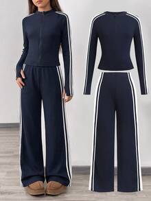 SHEIN Kids Tween Girls Navy Blue Patchwork Long Sleeve Jacket Straight Leg Pants Slim Fit Outfit Sports Set Training Wear Matching Sets Gym Jogging Autumn - Navy Blue - View 1