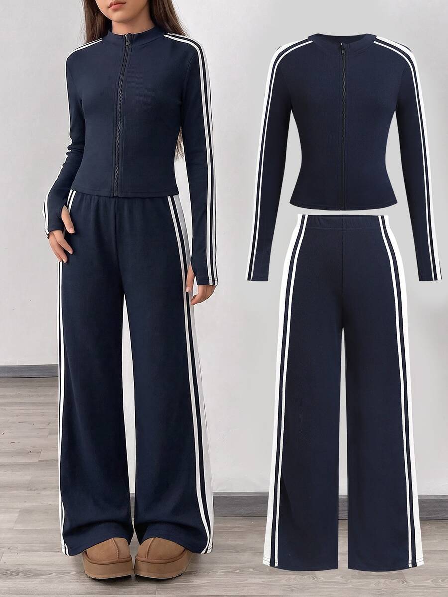 SHEIN Kids Tween Girls Navy Blue Patchwork Long Sleeve Jacket Straight Leg Pants Slim Fit Outfit Sports Set Training Wear Matching Sets Gym Jogging Autumn - Navy Blue - View 1