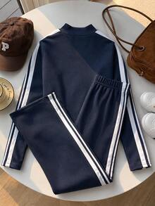 SHEIN Kids Tween Girls Navy Blue Patchwork Long Sleeve Jacket Straight Leg Pants Slim Fit Outfit Sports Set Training Wear Matching Sets Gym Jogging Autumn - Navy Blue - View 3