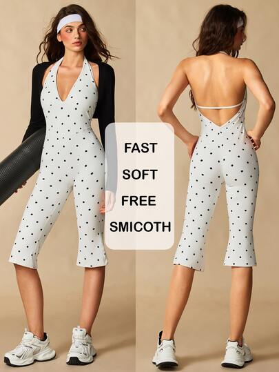 VARSIVA White And Black Polka Dot Print Backless Halter Neck Sports Jumpsuit Gym Summer Athleisure Sporty