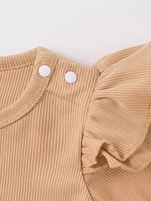 SHEIN Vintaside Kids 2件組嬰兒男嬰女嬰中性款 0-3歲幼兒春秋紅色甜美風花卉刺繡牛仔長褲，圓領長袖套頭上衣搭配牛仔吊帶褲套裝，適合外出、購物、休閒穿著 - 咖啡棕 - 查看 5