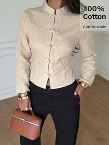 Siren Gaze Women's Fashion Street Style Vintage Retro Elegant Frog Button Long Sleeve Shirt For Vacation Travel Office Brunch Tea Party Day Time Beige Fall - Apricot - View 5