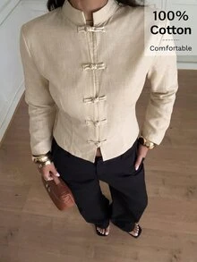Siren Gaze Women's Fashion Street Style Vintage Retro Elegant Frog Button Long Sleeve Shirt For Vacation Travel Office Brunch Tea Party Day Time Beige Fall - Apricot - View 3
