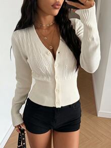 Omancia French Style Gentle Versatile Round Neck Knit Hollow Out Cardigan - Apricot - View 4