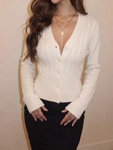Omancia French Style Gentle Versatile Round Neck Knit Hollow Out Cardigan - Apricot - View 3