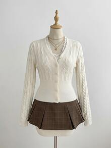 Omancia French Style Gentle Versatile Round Neck Knit Hollow Out Cardigan - Apricot - View 6
