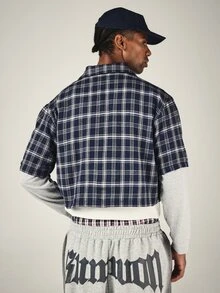 SUMWON Cropped Plaid Flannel Shirt With Large Brand Graphic Print Boxy Fit Button Front Short Sleeve Oversized Streetwear Top - Multicolor - View 2