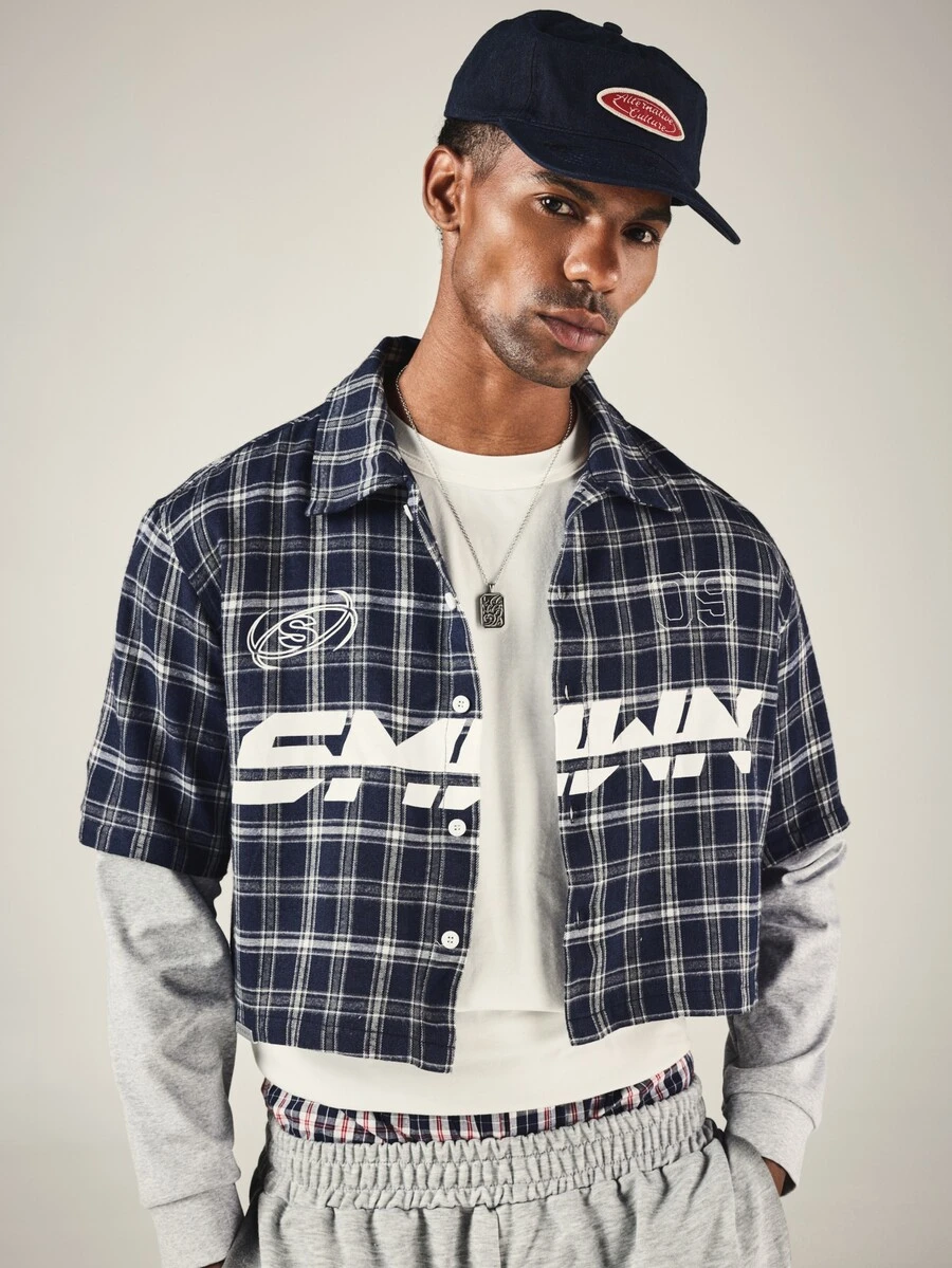 SUMWON Cropped Plaid Flannel Shirt With Large Brand Graphic Print Boxy Fit Button Front Short Sleeve Oversized Streetwear Top - Multicolor - View 1