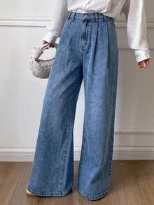 SHEIN Tall CURVE 大尺碼時尚鈕扣口袋寬鬆牛仔褲 - 藍色 - 查看 5