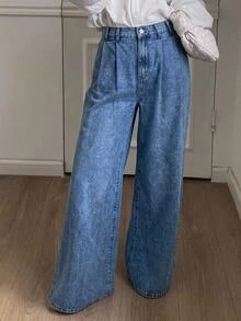 SHEIN Tall CURVE 大尺碼時尚鈕扣口袋寬鬆牛仔褲 - 藍色 - 查看 2