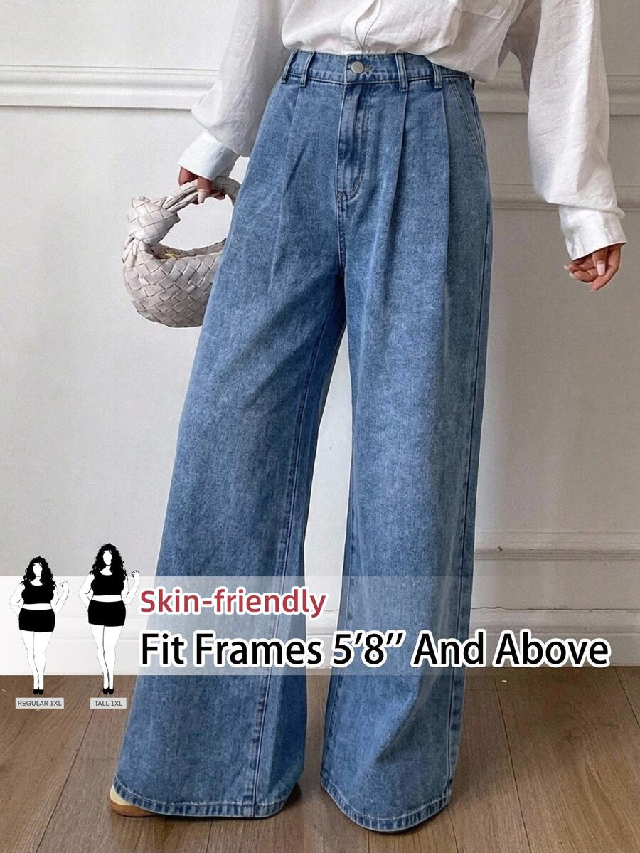 SHEIN Tall CURVE 大尺碼時尚鈕扣口袋寬鬆牛仔褲 - 藍色 - 查看 1