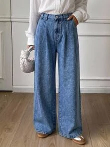 SHEIN Tall CURVE 大尺碼時尚鈕扣口袋寬鬆牛仔褲 - 藍色 - 查看 3
