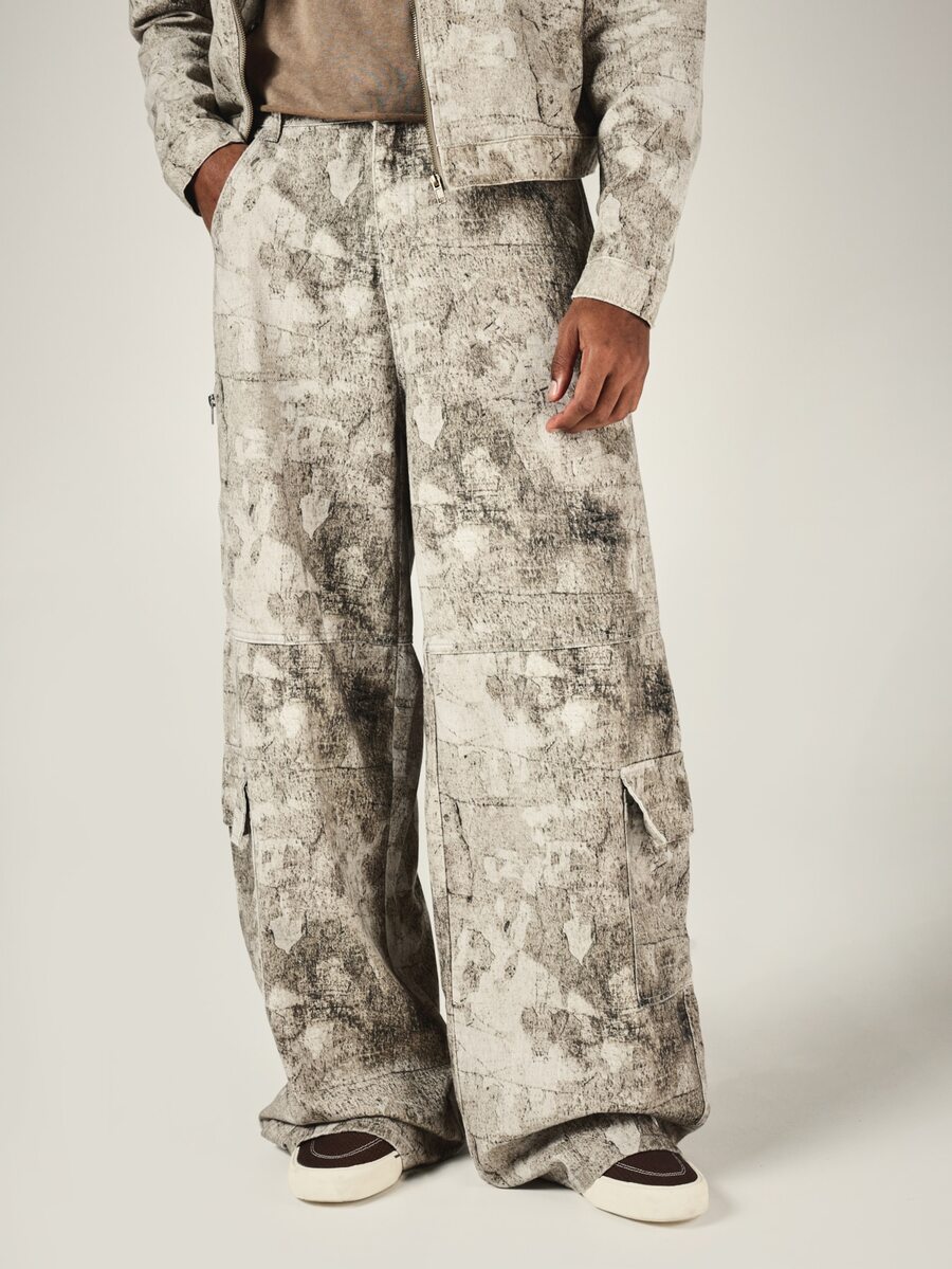 SUMWON Wide Leg Cargo Pants With Abstract Washed Print Large Side Pockets Full Length Streetwear Style Trousers - Multicolor - View 1